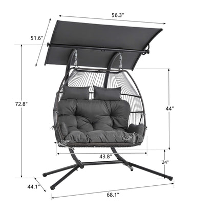 EROMMY Double Hanging Egg Chair with Stand, Wicker Loveseat Swing, Gray