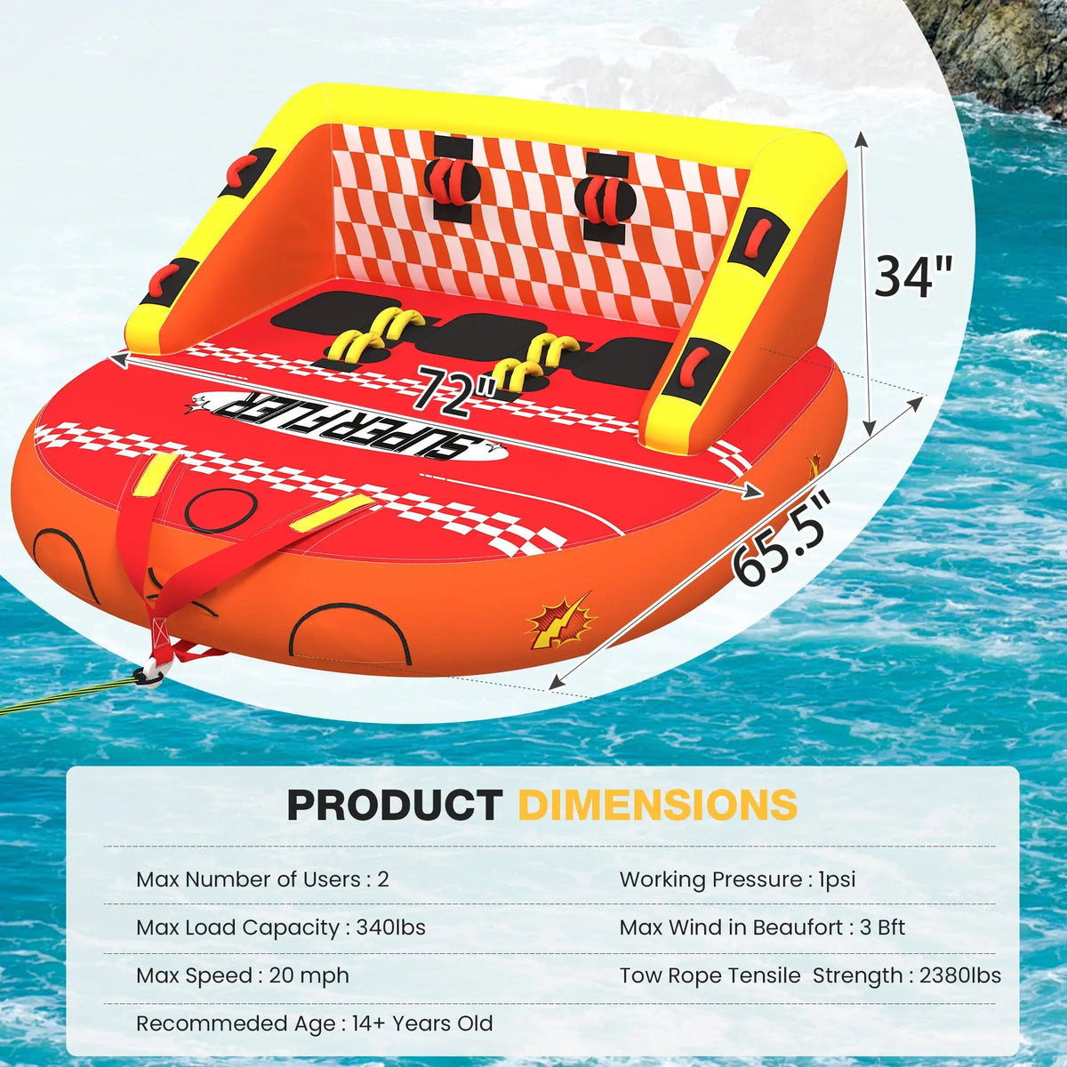EROMMY 3-Person Towable Tubes for Boating, Front/Back Tow Points Sofa Couch Style Boat Tubes