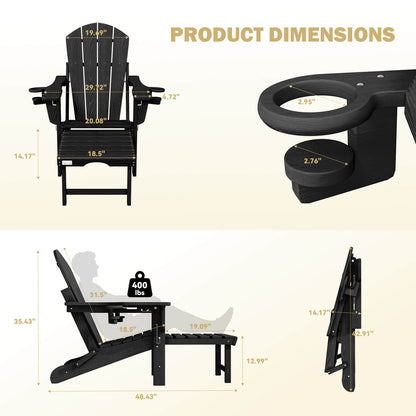 EROMMY 3-Level  Adjustable Adirondack Chair with Retractable Ottoman, Folding HDPE Outdoor Chair with Cup Holders, Black