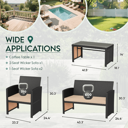 EROMMY 4-Piece Patio Furniture Set, Outdoor Wicker Patio Conversation Set with Cushions, Sofa & Glass Coffee Table, Khaki