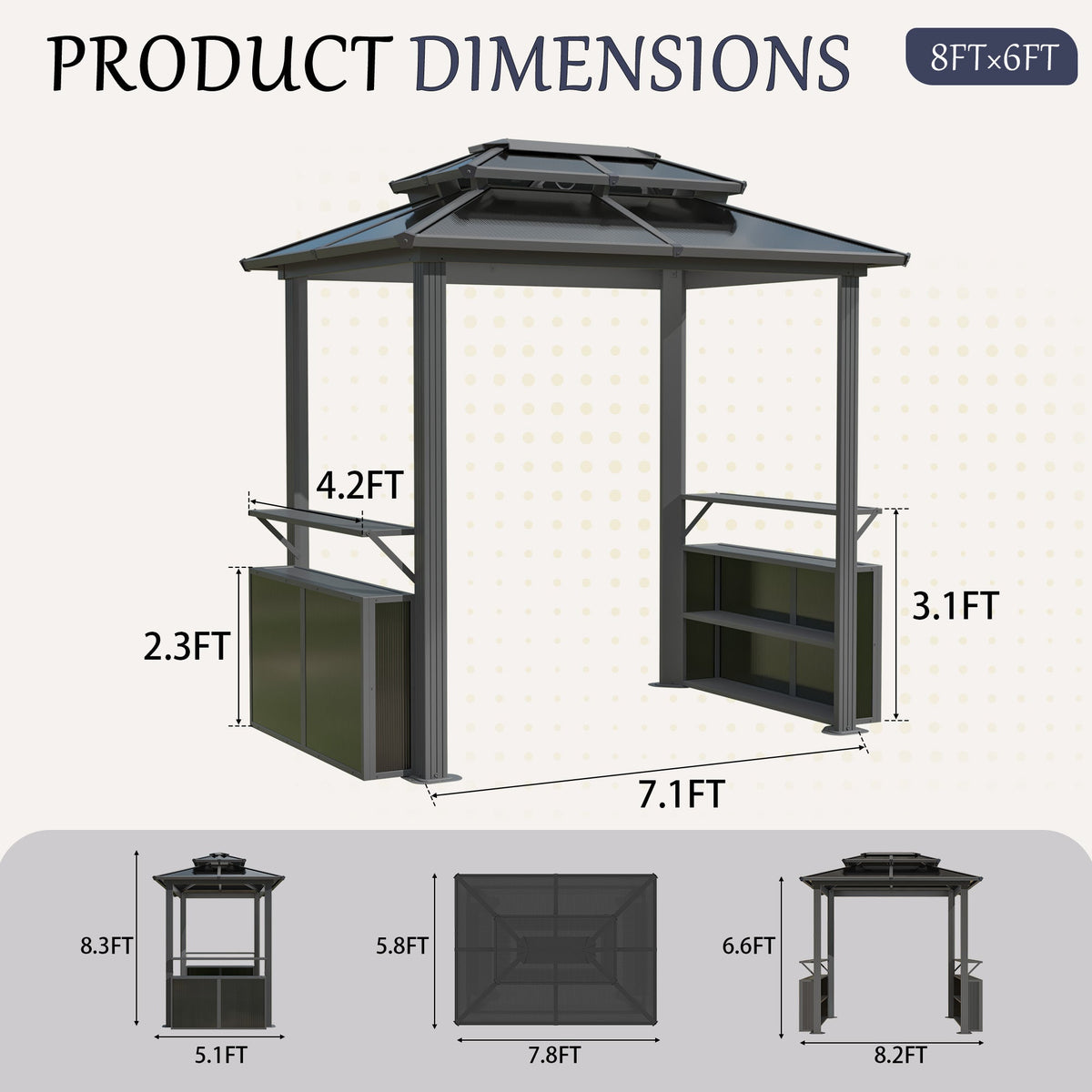 EROMMY 8x6 Polycarbonate Grill Shelter with Two Side Bars