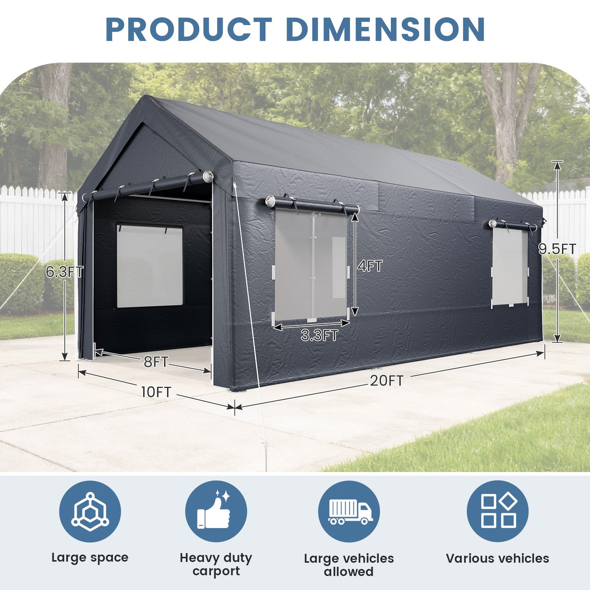 EROMMY Carport, 10' x 20' Heavy Duty Carport with Roll-up Windows，Portable Garage with Removable Sidewalls, Car Canopy for Truck, Tractor, Boat, Gray