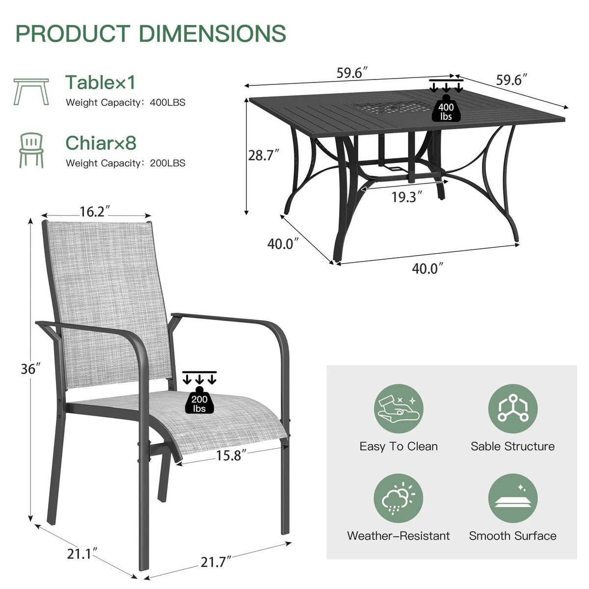 EROMMY 9 Piece Patio Dining Set, Outdoor Dining Table And Chairs Set For 8, 8 PVC-coated polyester Chairs, 1 Iron Square Table With Adjustable Umbrella Hole (1.57"-1.97"), Gray
