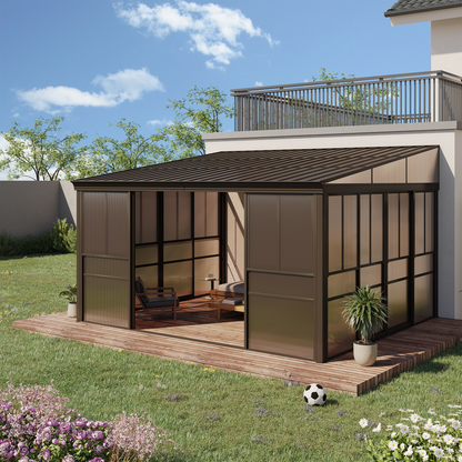 EROMMY 12 x 14 FT Wall-Mounted Gazebo, All-season Aluminum Patio Gazebo With Side Door, Outdoor Permanent Sunroom, Brown