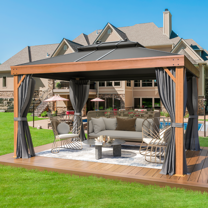 EROMMY 10' x 13' Hardtop Gazebo Faux Wood Grain with Aluminum Frame, Galvanized Steel Double Roof