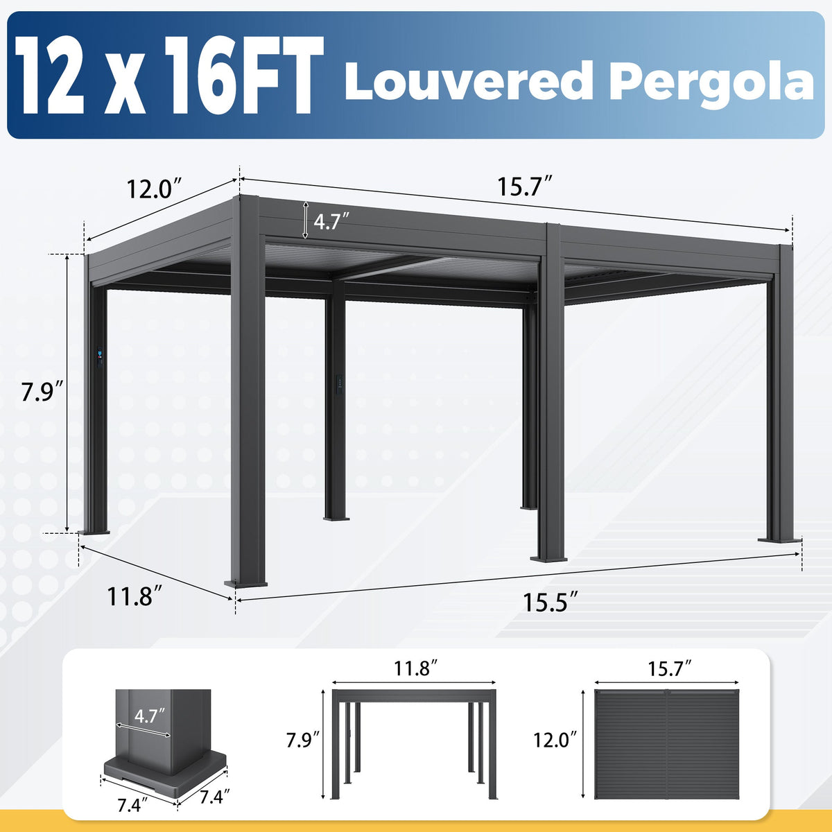 EROMMY 12' x 16' Outdoor Pergola with LED Lights, Aluminum Gazebo with Motorized Louvers & Side Screens for Patio, Backyard & Poolside, Black (Ship Before November)