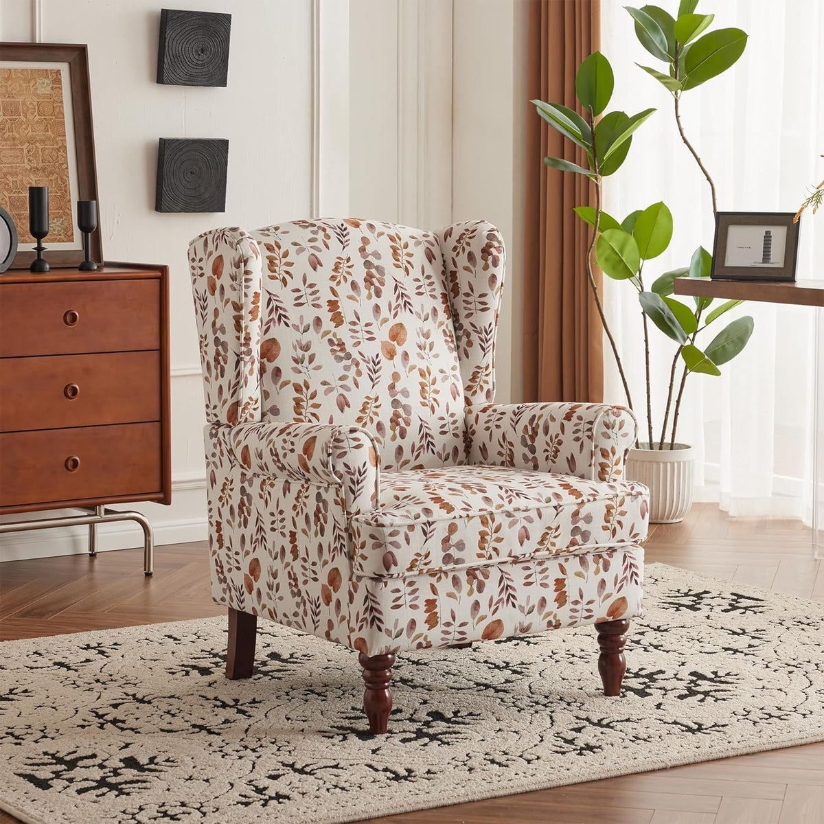 EROMMY 2PCS Fabric Accent Chairs, Modern Upholstered Armchairs, Orange Leaves
