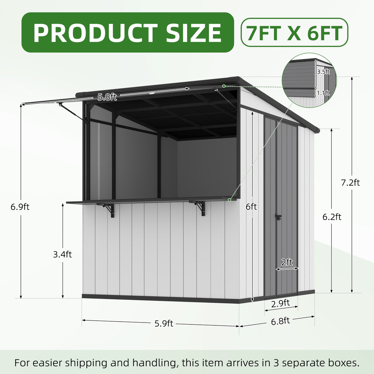 EROMMY 7x6 FT Outdoor Storage Shed with Foldable Bar Counter & Hydraulic Support Overhang, Metal Shed Backyard Bar Cabana, Lockable Small Shed for Outdoor Storage