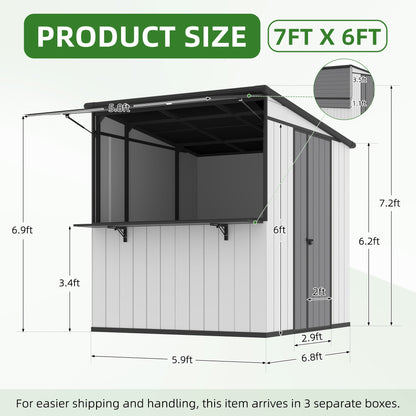 EROMMY 7x6 FT Outdoor Storage Shed with Foldable Bar Counter & Hydraulic Support Overhang, Metal Shed Backyard Bar Cabana, Lockable Small Shed for Outdoor Storage