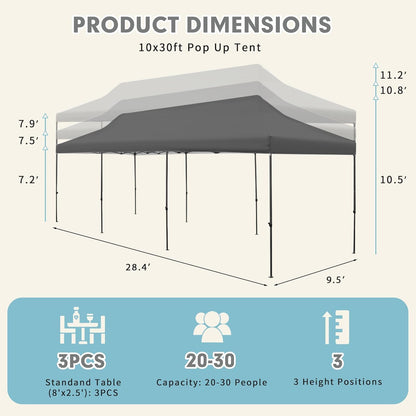 EROMMY 10' x 30' Pop Up Canopy Tent, Commercial Instant Canopy Heavy Duty with Roller Bag, 8 Sand Bags, 8 Wind Ropes & Ground Nails, Outdoor Canopies for Events, Parties and Camping, Gray