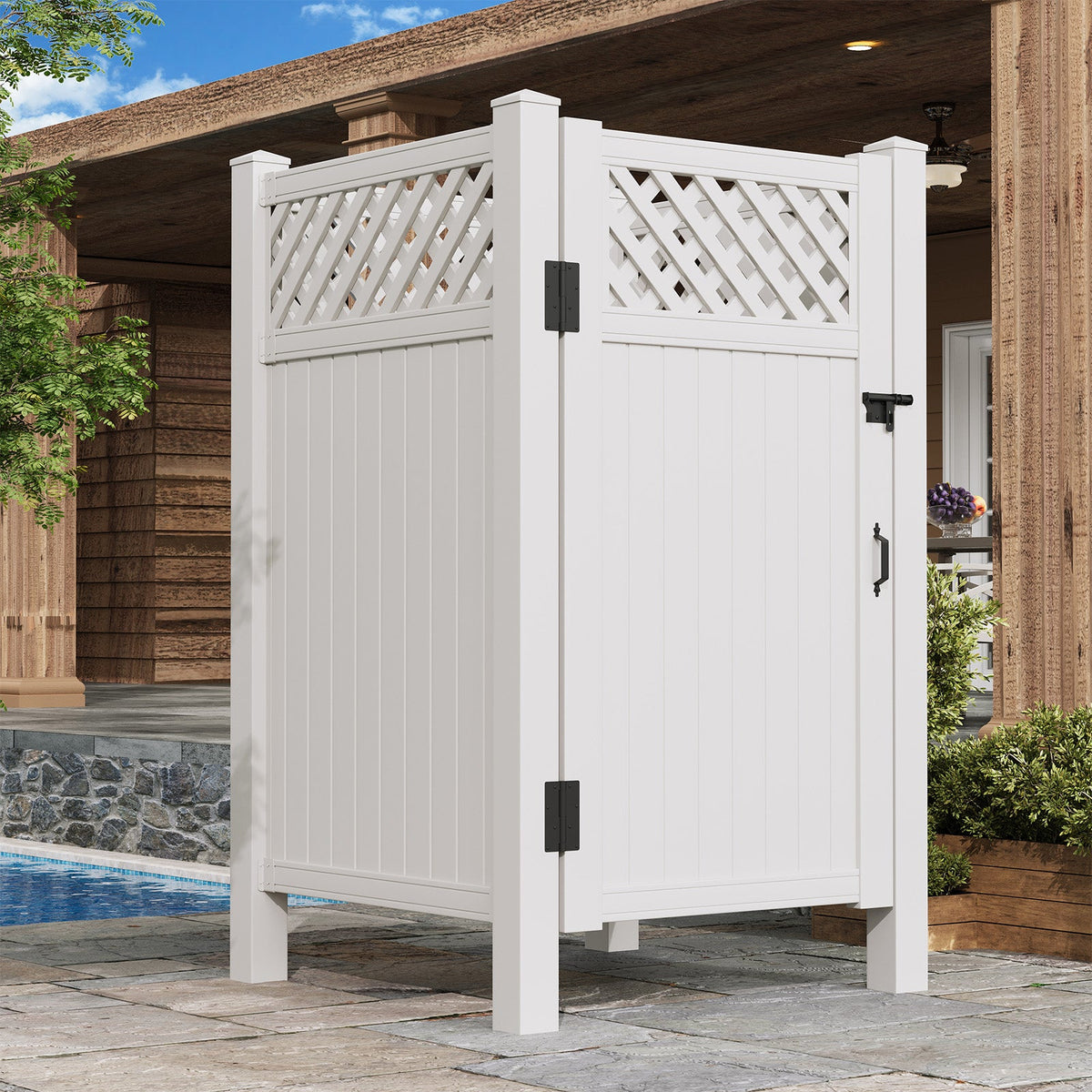 EROMMY 80.75"H x 45.75"W x 45.75"L White PVC Outdoor Shower Enclosure with Door, Weatherproof Privacy Stall for Pool & Beach, Durable Vinyl Construction(Grid-panel)