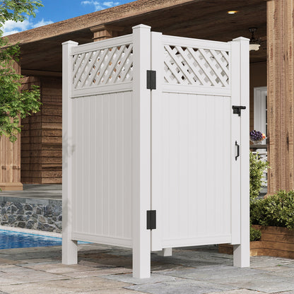 EROMMY 80.75"H x 45.75"W x 45.75"L White PVC Outdoor Shower Enclosure with Door, Weatherproof Privacy Stall for Pool & Beach, Durable Vinyl Construction(Grid-panel)