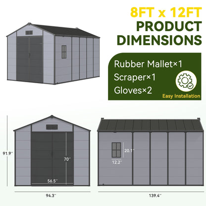 Erommy 8x12 FT Outdoor Storage Shed, Weather-Resistant Shed with Lockable Double Doors & Built-In Floor, Sloped Roof Outdoor Shed for Backyard, Patio & Lawn, Black