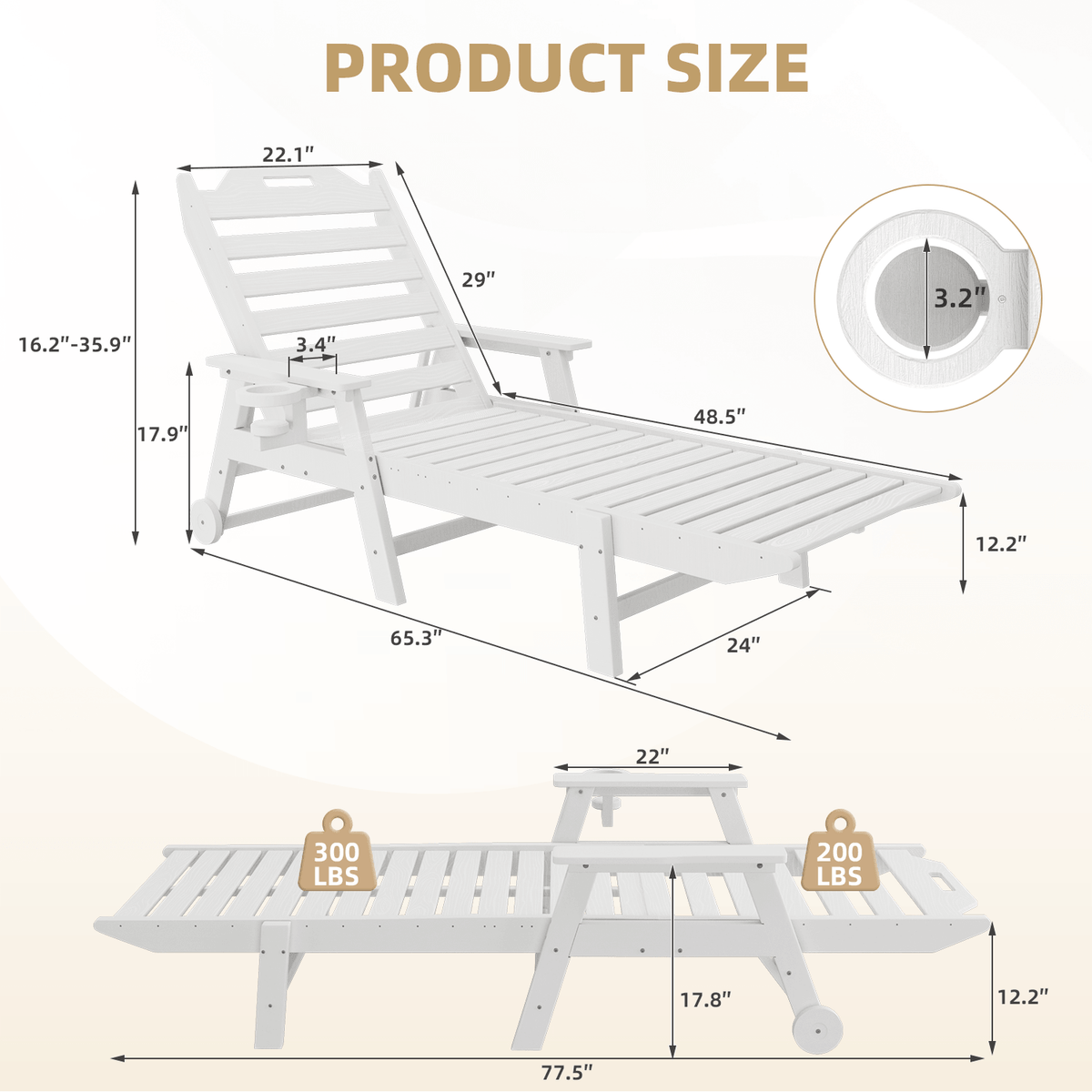 EROMMY 24" W Oversized Chaise Lounge Chairs Set of 2, Adjustable HDPE Outdoor Chairs with Wheels & Cup Holder, White