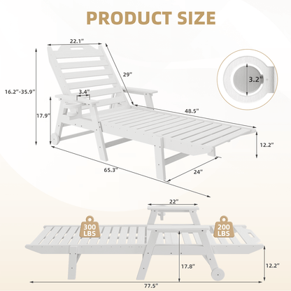 EROMMY 24" W Oversized Chaise Lounge Chairs Set of 2, Adjustable HDPE Outdoor Chairs with Wheels & Cup Holder, White