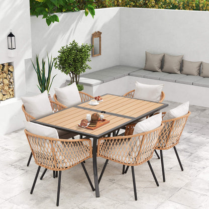 EROMMY 7-Piece Outdoor Dining Set – Rectangular Table with Umbrella Hole & 6 Rattan Chairs, Gray
