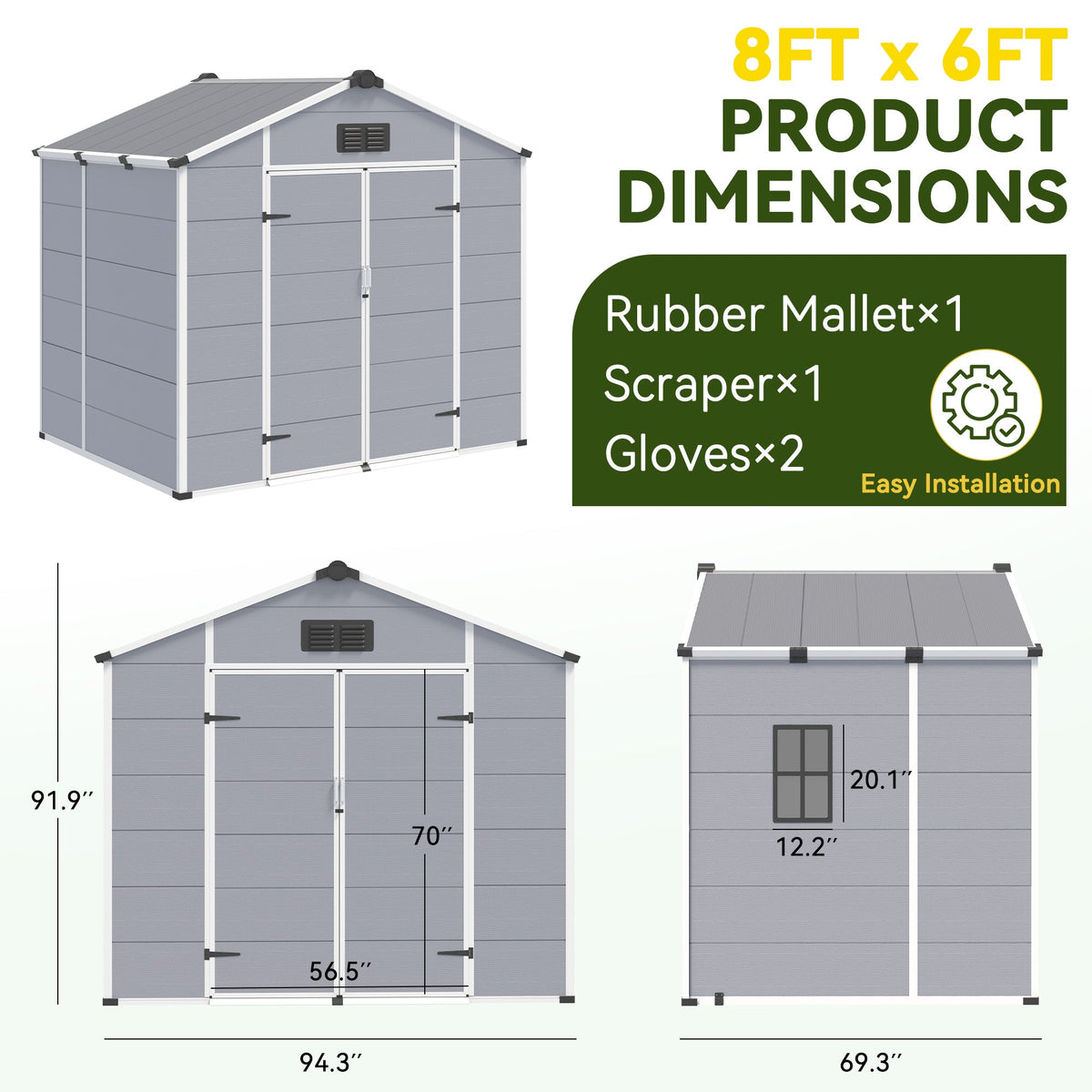 Erommy 8x6 FT Outdoor Storage Shed, Weather-Resistant Shed with Lockable Double Doors & Built-In Floor, Sloped Roof Outdoor Shed for Backyard, Patio & Lawn, Gray