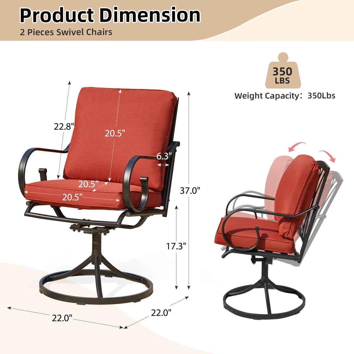 EROMMY  Patio Swivel Chair Set of 4, Outdoor Dining Chairs with Cushions, Red