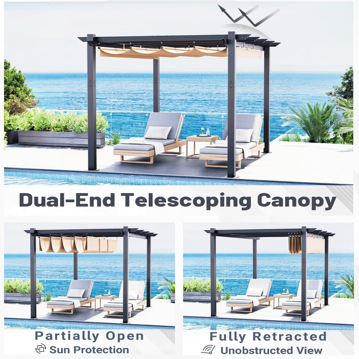 EROMMY Retractable Pergola 10x13 Ft, Outdoor Aluminum Shelter with Dual Adjustable Sun Shade Canopy for Patio Backyard, Locking System Includes Straps & Screws (Khaki)