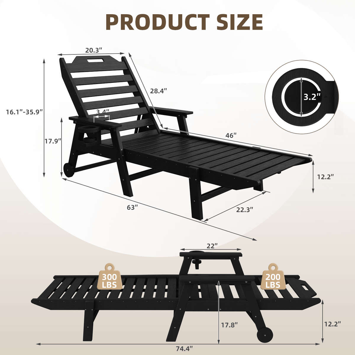 EROMMY 22" W Oversized Chaise Lounge Chairs, Adjustable HDPE Outdoor Chairs with Wheels & Cup Holder, Black