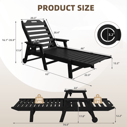 EROMMY 22" W Oversized Chaise Lounge Chairs, Adjustable HDPE Outdoor Chairs with Wheels & Cup Holder, Black