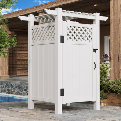 EROMMY 88.5"H x 57.5"W x 47.75"L White PVC Outdoor Shower Enclosure with Door, Weatherproof Privacy Stall for Pool & Beach, Durable Vinyl Construction（Grid-panel with roof）