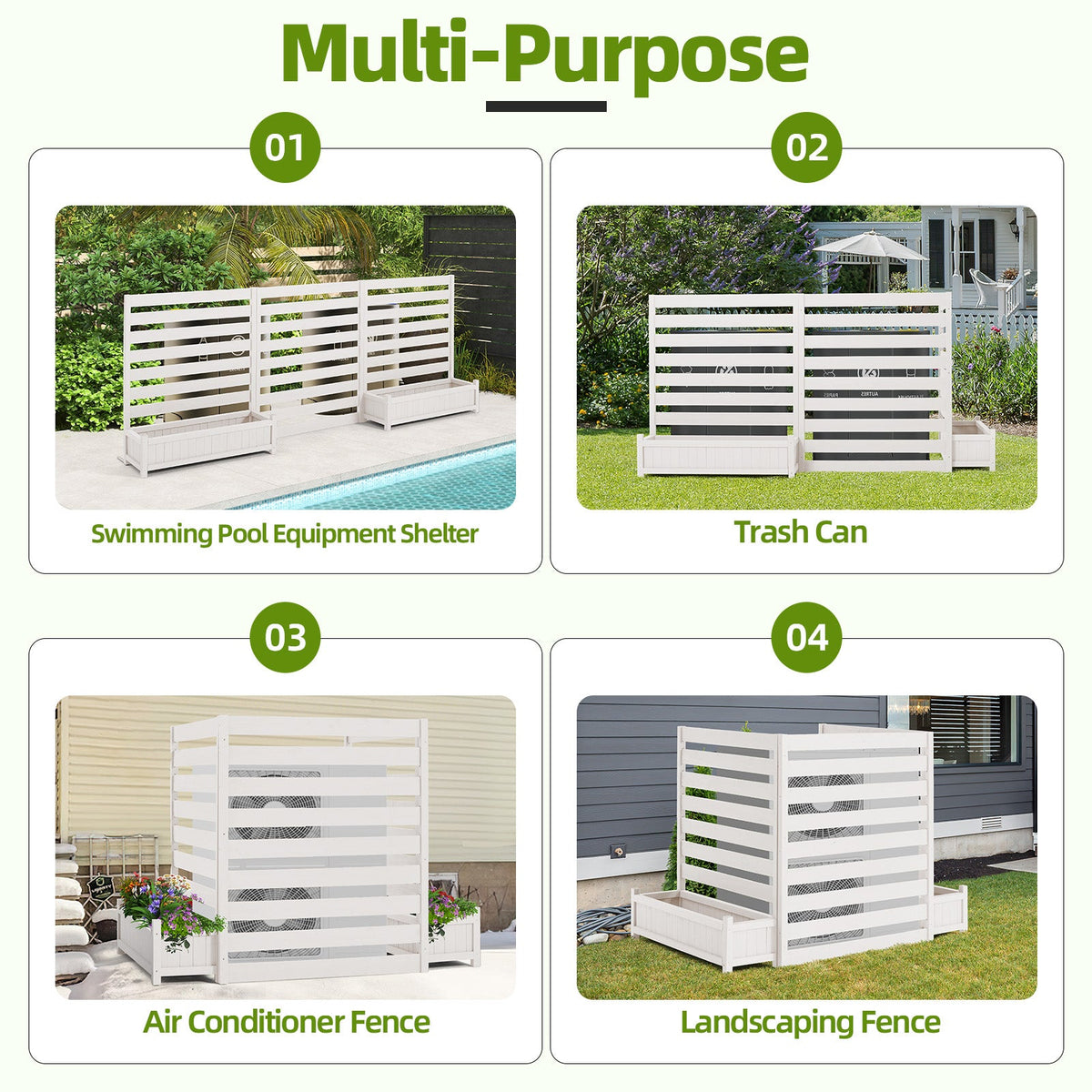 EROMMY 3 Panels No-Dig AC Unit Privacy Fence with Planter Box, 33" W x 39" H, Durable Outdoor Wood Screen to Hide AC & Trash with Floral Bed White
