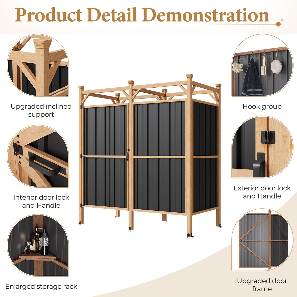EROMMY Outdoor Shower Enclosure with Lockable Door, Weatherproof Outdoor Shower Stall with Metal Panels, Hooks & Shelves - Perfect for Pool Wash Station, Backyard & Beach Rinse Area Large Version