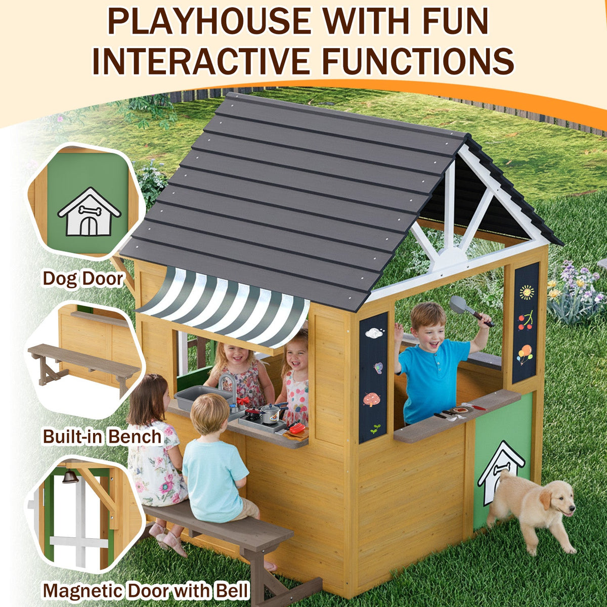 EROMMY Outdoor Play House for Kids, Wooden Kids Playhouse with Kitchen Toys, Blackboard,Chalks,Eraser,Magnetic Door, Bench, Foldable Sunshade Canopy,Bell, Pet Hole, Clock,Wood Color