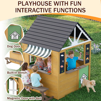 EROMMY Outdoor Play House for Kids, Wooden Kids Playhouse with Kitchen Toys, Blackboard,Chalks,Eraser,Magnetic Door, Bench, Foldable Sunshade Canopy,Bell, Pet Hole, Clock,Wood Color
