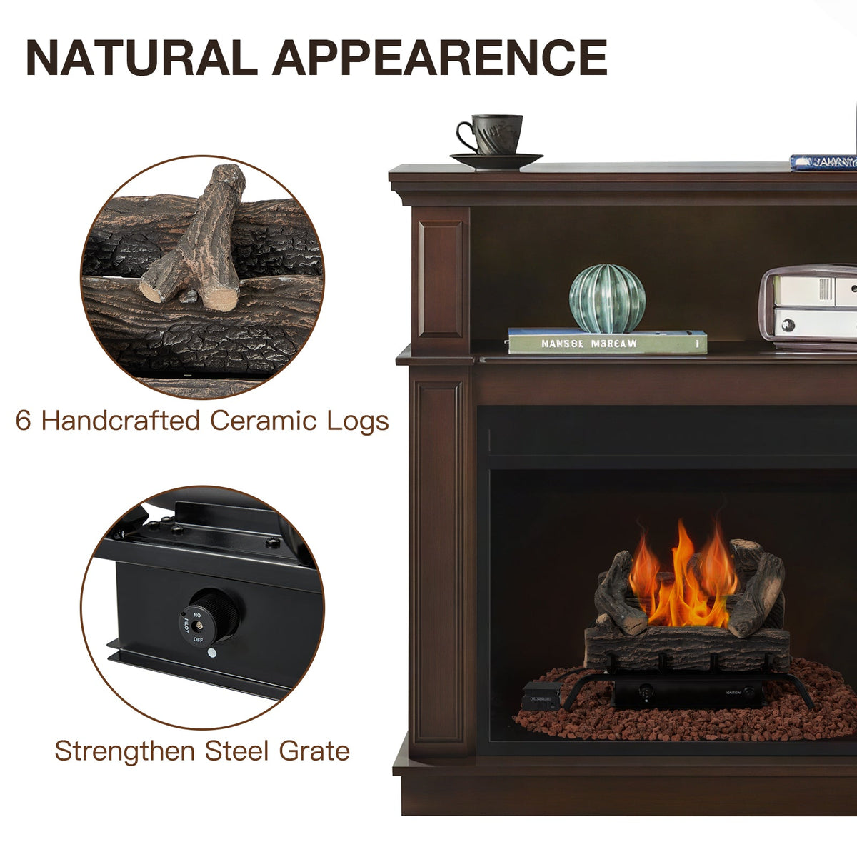 EROMMY 20 Inch Ventless Fireplace Logs Set, Only Used for LP/Propane, Brown