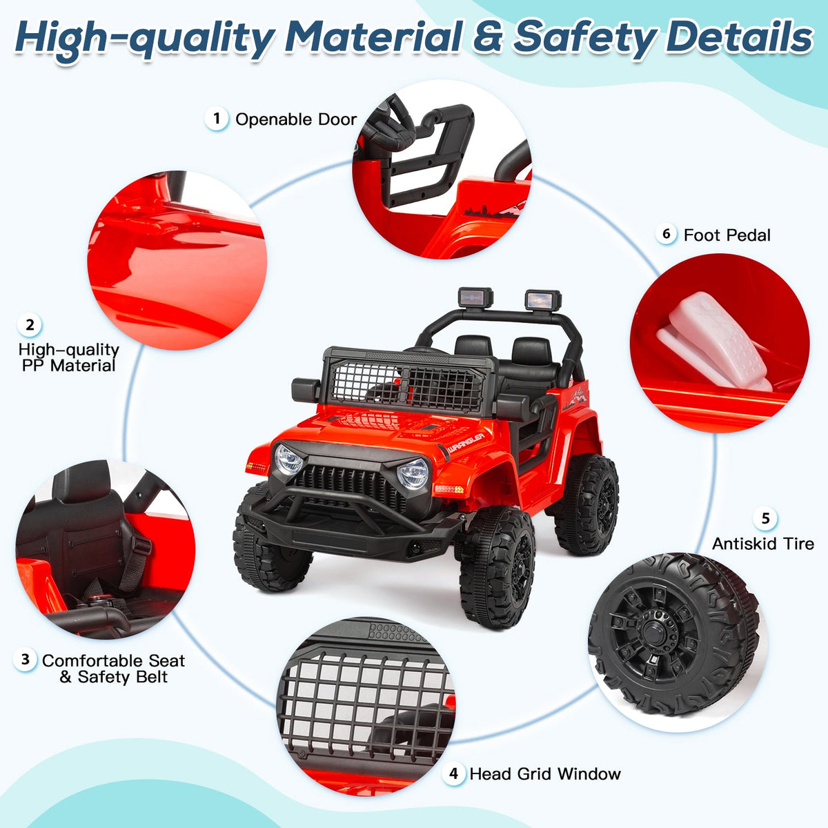 EROMMY 12V Kids Electric Ride On Truck with Remote Control, Safety Belt, Music, Lights and Suspension, Red