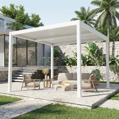 EROMMY 10' x 10' Outdoor Pergola with Adjustable Louvered Roof & Integrated Drainage, White
