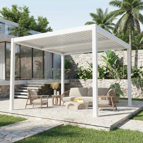 EROMMY 10' x 10' Outdoor Pergola with Adjustable Louvered Roof & Integrated Drainage, White