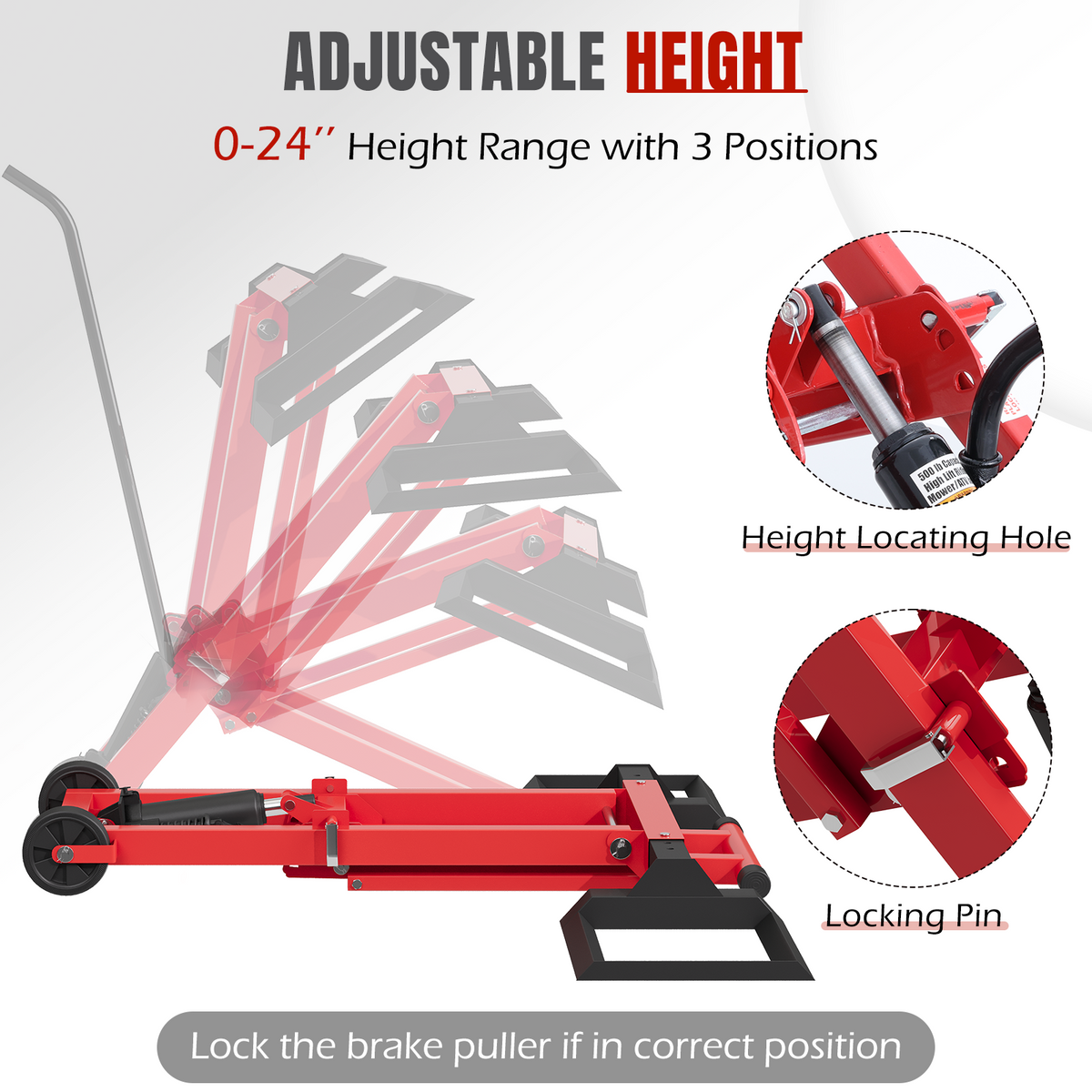 EROMMY 500LB Hydraulic Mower Lift for 40-47.6" Axle, 24" Lawn Tractor Jack with 3-Height Adjustment, Red