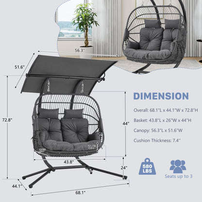 EROMMY Double Hanging Egg Chair with Stand and Extra Cushion, Gray