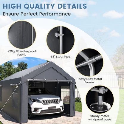 EROMMY Carport, 10' x 20' Heavy Duty Carport with Roll-up Windows，Portable Garage with Removable Sidewalls, Car Canopy for Truck, Tractor, Boat, Gray