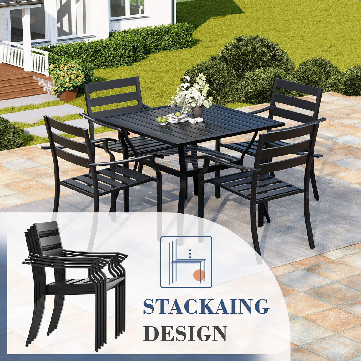 EROMMY 5-Piece Outdoor Patio Dining Set for 4, Square Metal Table with Umbrella Hole & Stackable Chairs