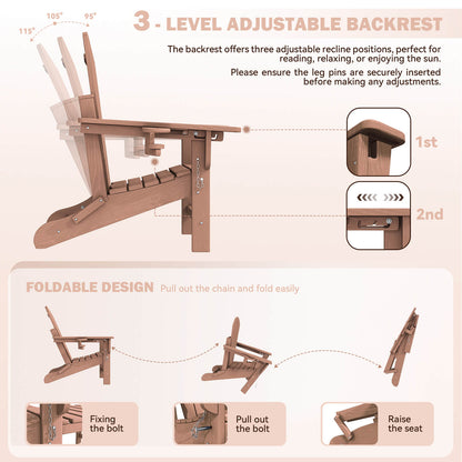 EROMMY 3-Position Adjustable Adirondack Chairs Set of 4, 400LBS HDPE Folding Outdoor Chairs with Cup Holder, Teak