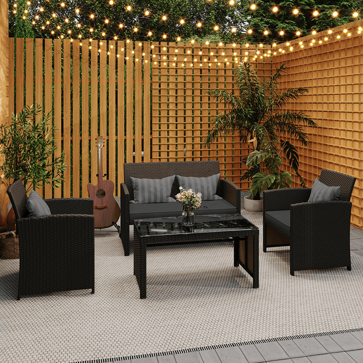 EROMMY 4-Piece Patio Furniture Set, Outdoor Wicker Patio Conversation Set with Cushions, Sofa & Glass Coffee Table, Gray
