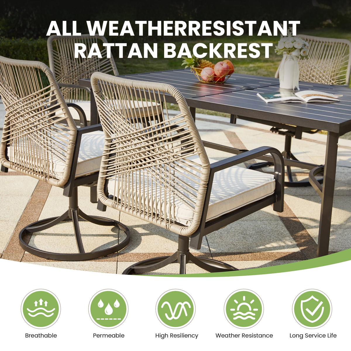 EROMMY Swivel Patio Chairs Set of 4, Outdoor Rattan Dining Chairs with Thickened Cushions, Beige