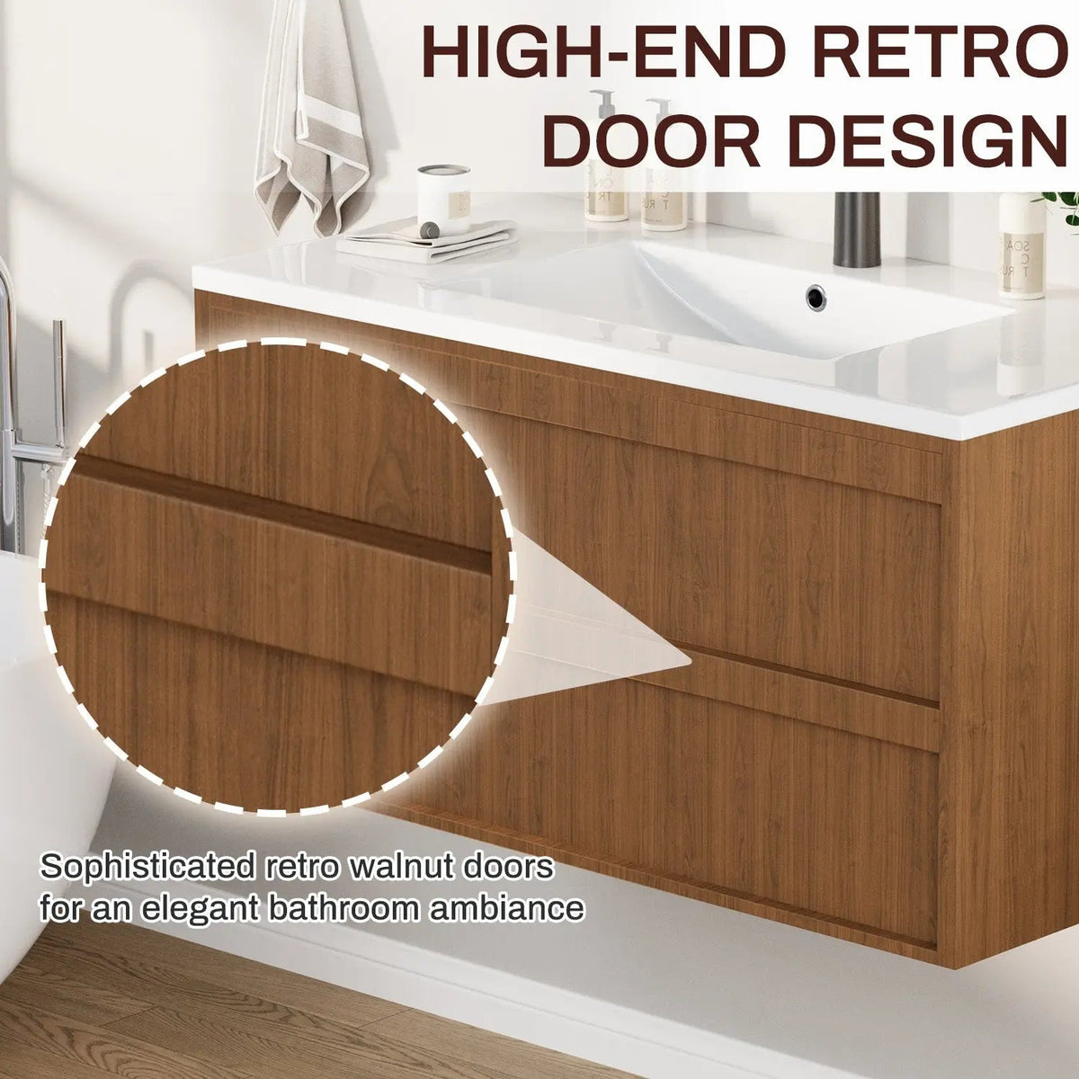EROMMY 36 Inch Bathroom Vanity with Sink, Floating Bathroom Vanity with 2 Large Storage Drawers, Wood Grain Wall Mounted Bathroom Cabinet, Walnut
