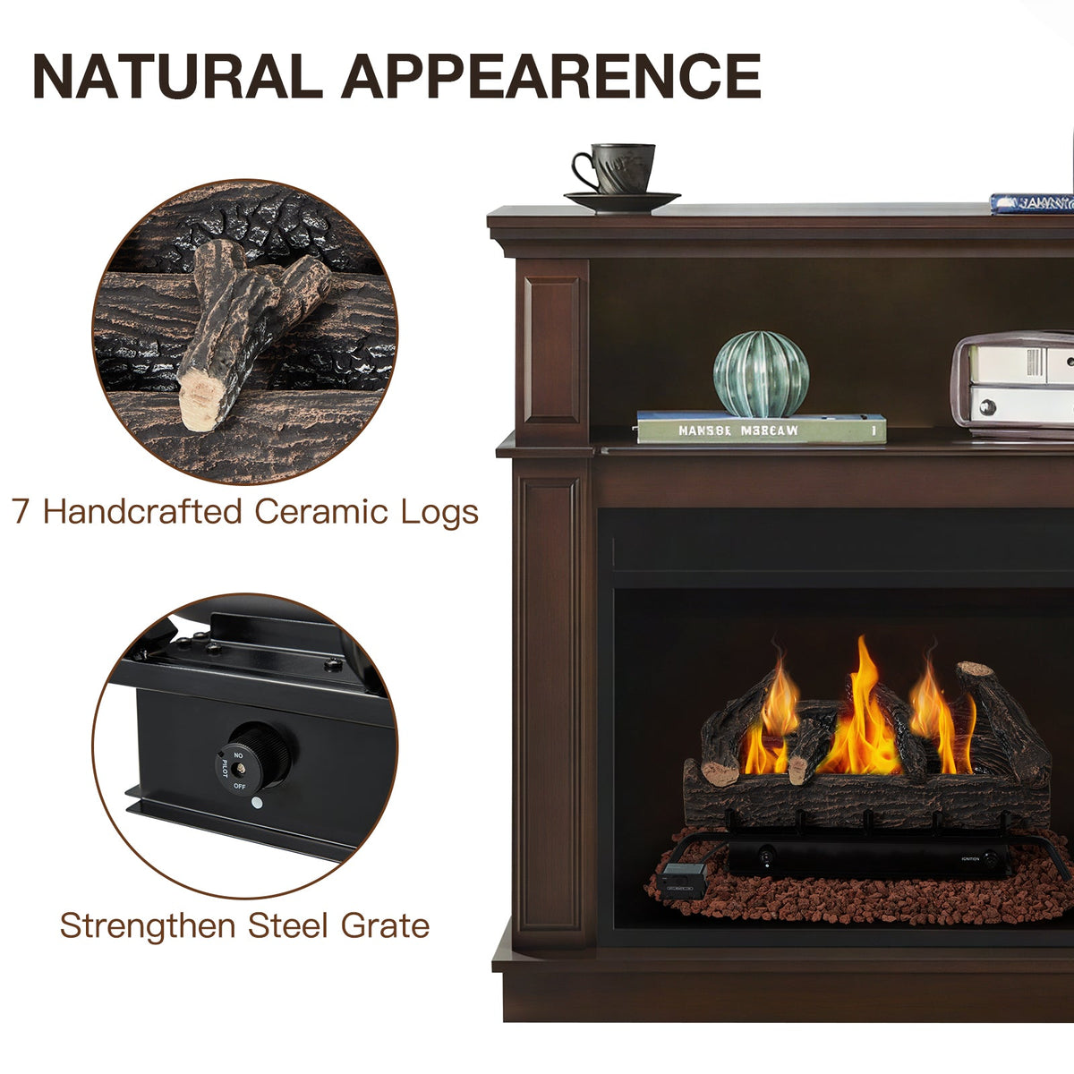EROMMY 27 Inch Ventless Fireplace Logs Set, Only Used for LP/Propane, Brown