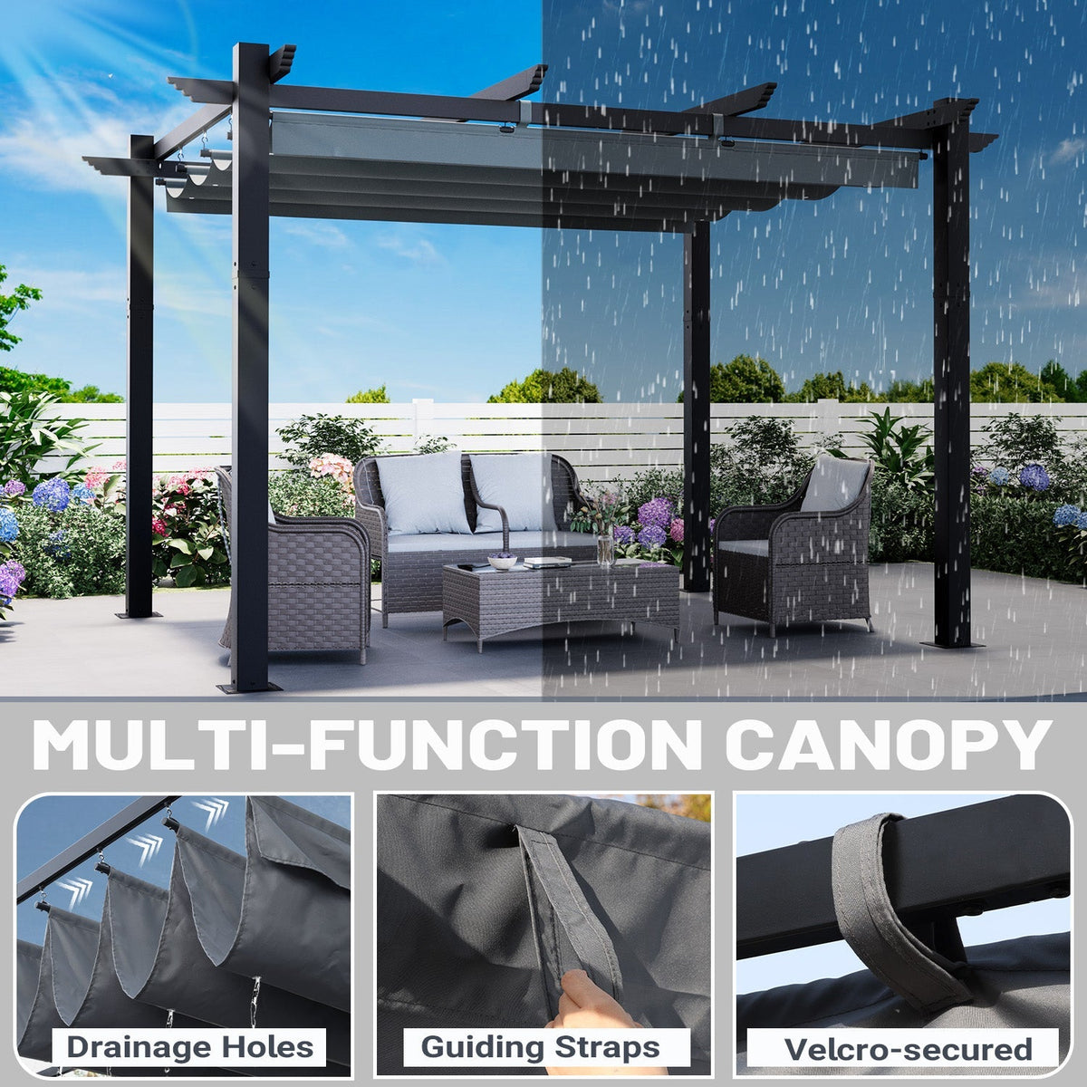 EROMMY Retractable Pergola 10x12 Ft, Upgraded Sun Shade with Waterproof Canopy, Durable Metal Patio Shelter with Magnetic Attachment for Backyard Garden Deck (Gary)