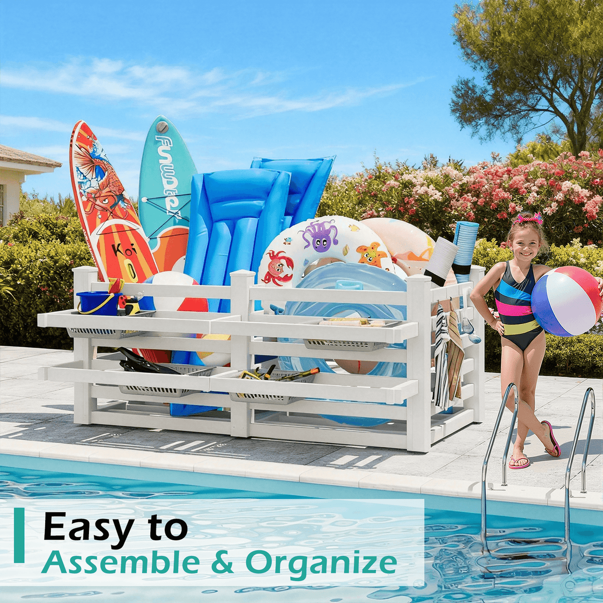 EROMMY 64" W x 92" L x 38" H Extra Large Pool Storage Organizer with Hooks, Waterproof Float Storage Bin, White