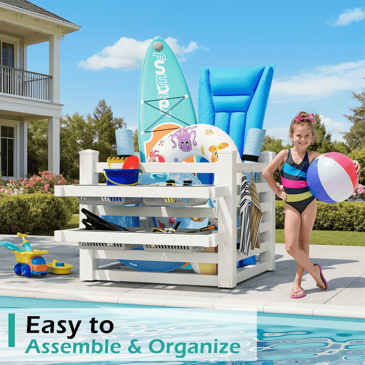 EROMMY 64" W x 46" L x 38" H Pool Storage Organizer with Hooks, Waterproof Float Storage Bin, White