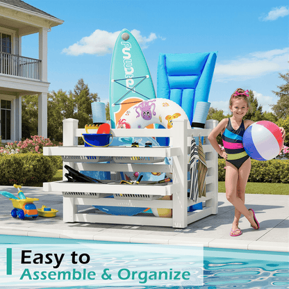EROMMY 64" W x 46" L x 38" H Pool Storage Organizer with Hooks, Waterproof Float Storage Bin, White
