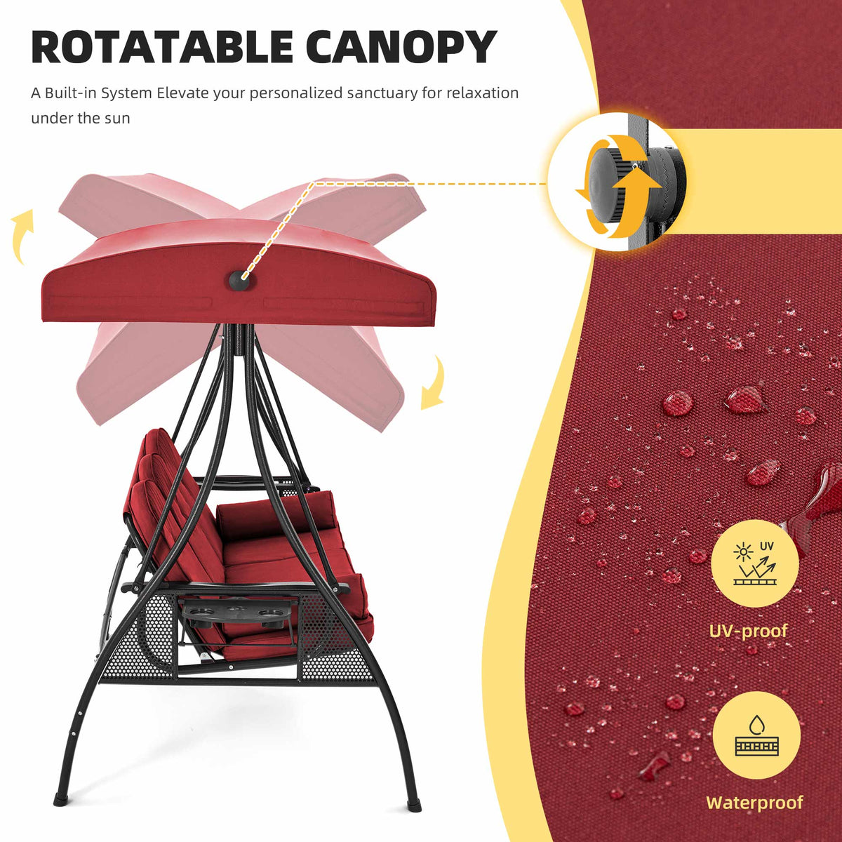 EROMMY 3-Seat Outdoor Porch Swing with Adjustable Canopy Backrest and 2 Side Trays, Wine Red
