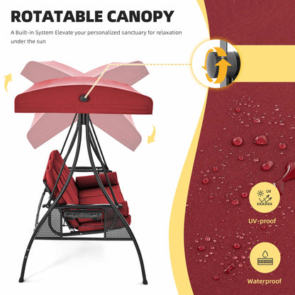 EROMMY 3-Seat Outdoor Porch Swing with Adjustable Canopy Backrest and 2 Side Trays, Wine Red