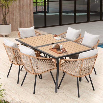 EROMMY 7-Piece Outdoor Dining Set – Rectangular Table with Umbrella Hole & 6 Rattan Chairs, Gray